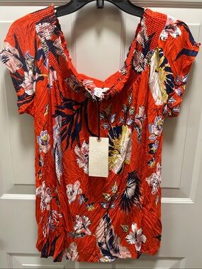 Eliane Rose Women's Short-Sleeve Off the Shoulder Tee in Bright Orange